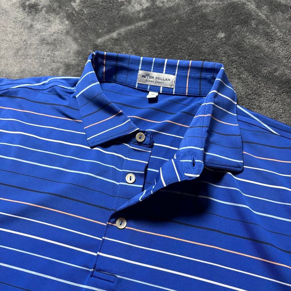 Peter Millar Summer Comfort Polo Shirt Mens XL dark Blue Striped Performance